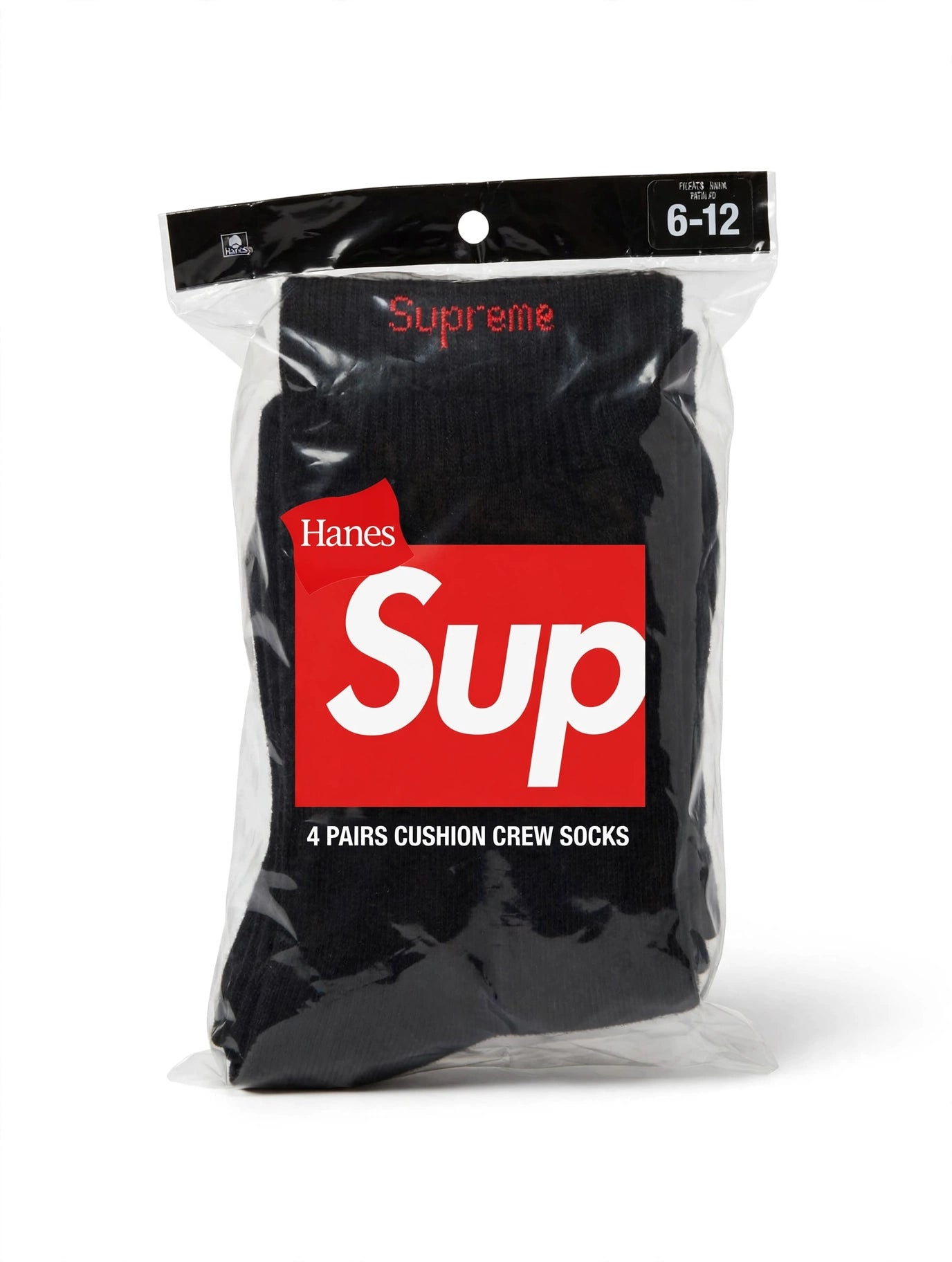 Supreme X Hanes Crew Socks - Black, Pack of 4, Size 6-12