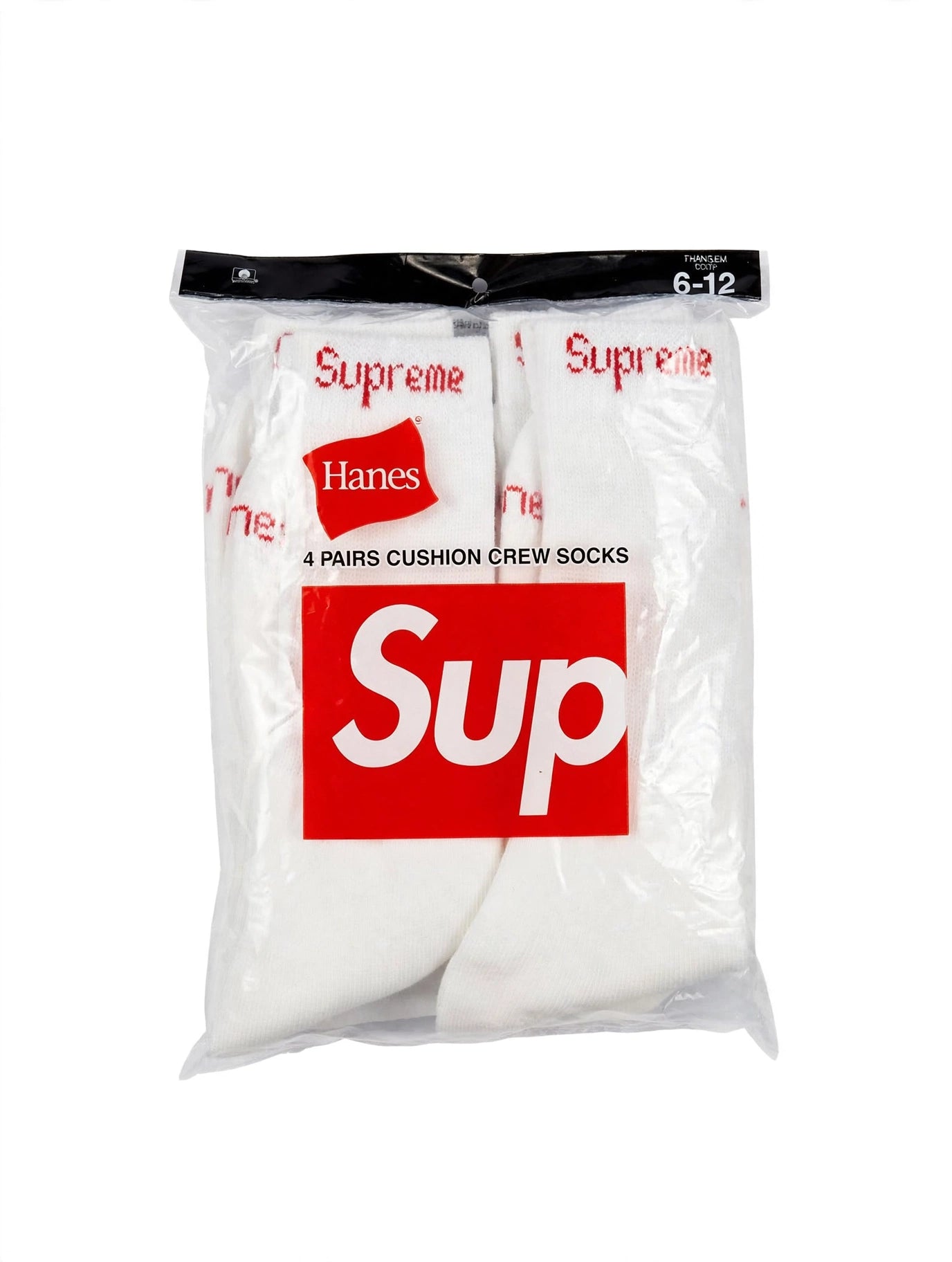 Supreme Hanes Crew Socks - White, Pack of 4, Size 6-12